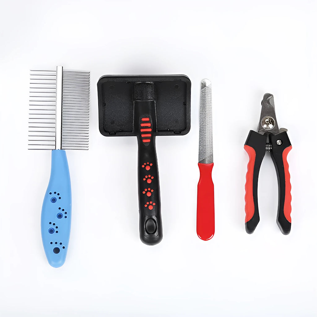 Four-piece cat and dog grooming set with double-sided long needle comb and nail clippers in alloy steel and plastic