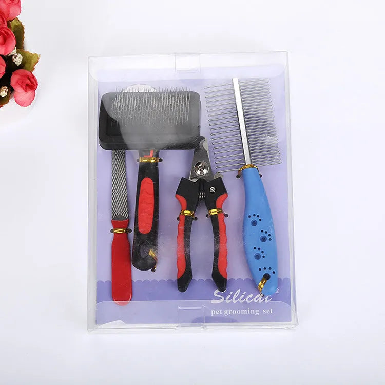 Four-piece cat and dog grooming set with double-sided long needle comb and nail clippers in alloy steel and plastic