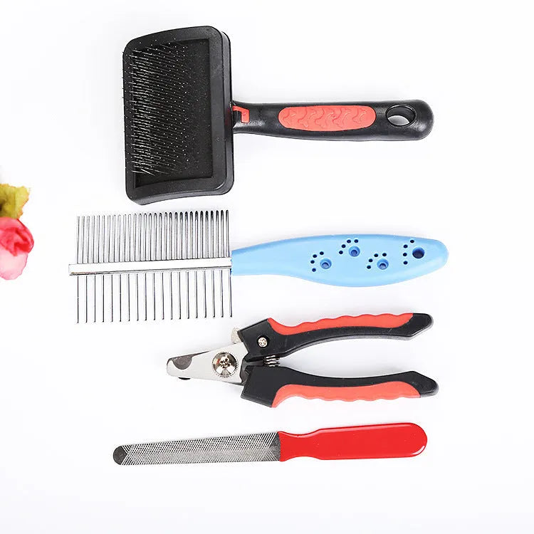Four-piece cat and dog grooming set with double-sided long needle comb and nail clippers in alloy steel and plastic