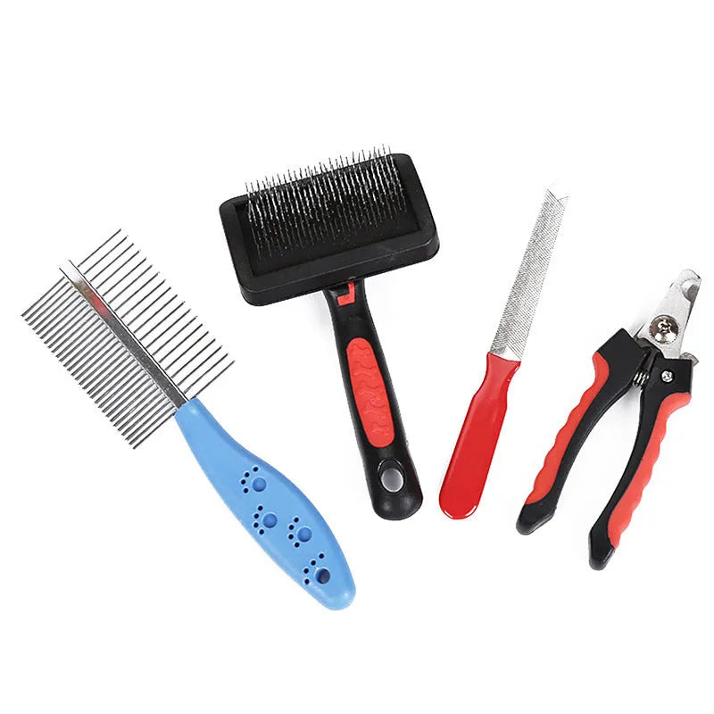 Four-piece cat and dog grooming set with double-sided long needle comb and nail clippers in alloy steel and plastic