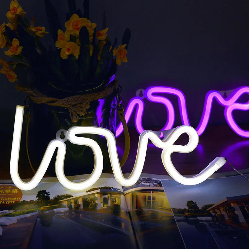 LED neon sign light with love design in choice of pink, blue, green or red colour with battery and USB power options