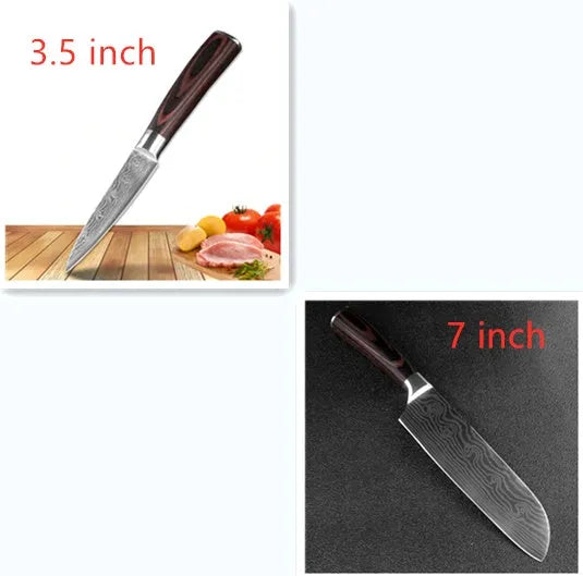7Cr17 stainless steel kitchen knife with Damascus patterned 18 cm blade and coloured wood handle