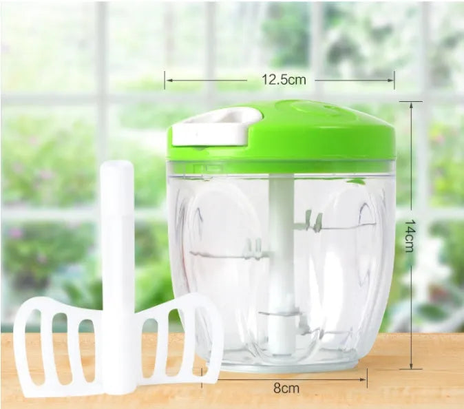 Green manual food chopper with three stainless steel blades and 500ml plastic container