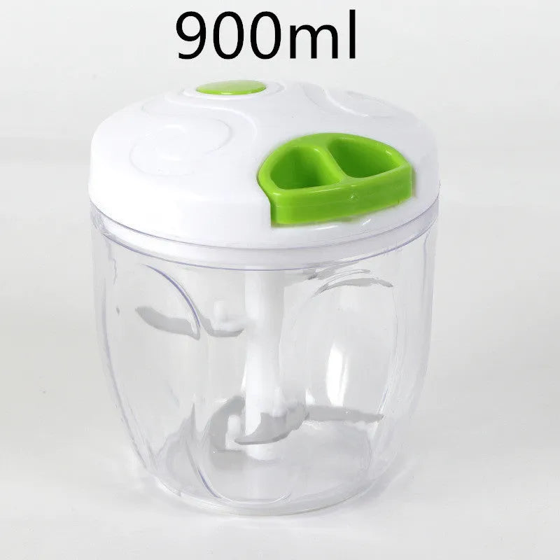 Green manual food chopper with three stainless steel blades and 500ml plastic container