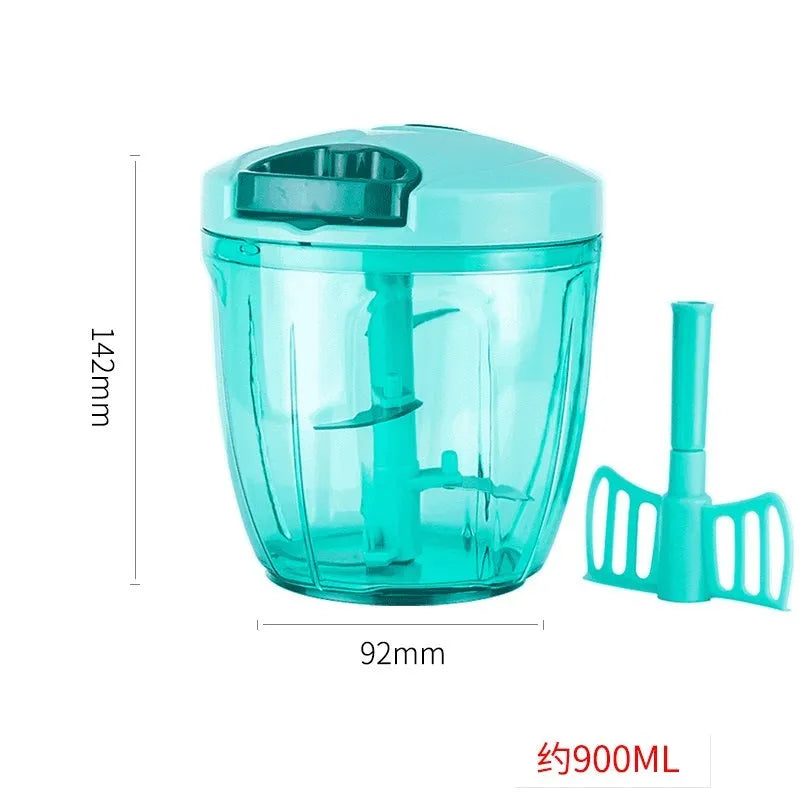 Green manual food chopper with three stainless steel blades and 500ml plastic container