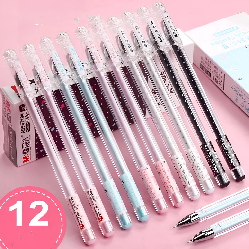 Cute cartoon syringe gel pen in black, blue, or pink, shown in packs of 6 or 12.