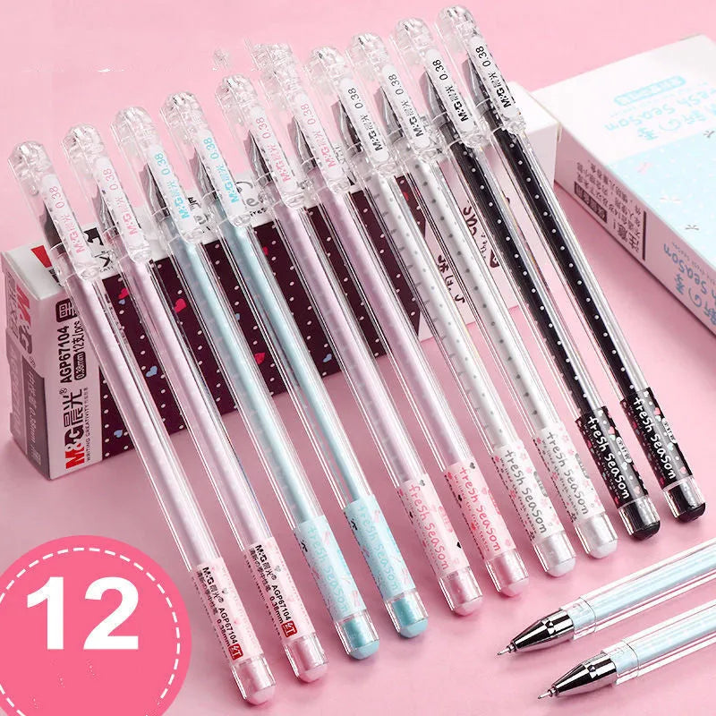 Cute cartoon syringe gel pen in black, blue, or pink, shown in packs of 6 or 12.