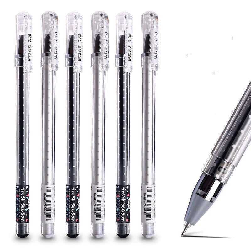 Cute cartoon syringe gel pen in black, blue, or pink, shown in packs of 6 or 12.