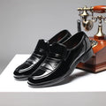 Men's casual low-top square toe leather look shoes in black and brown with rubber sole