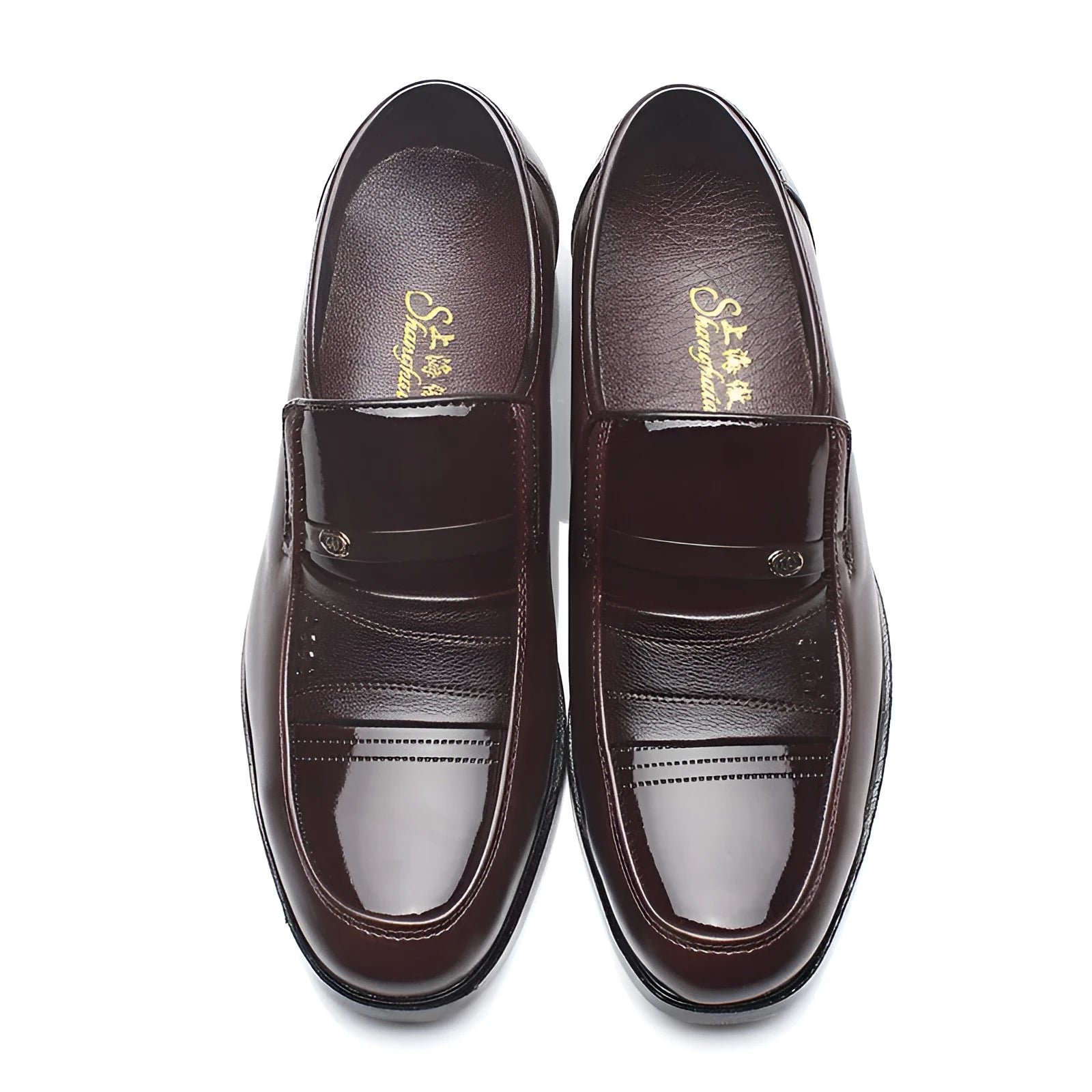 Men's casual low-top square toe leather look shoes in black and brown with rubber sole