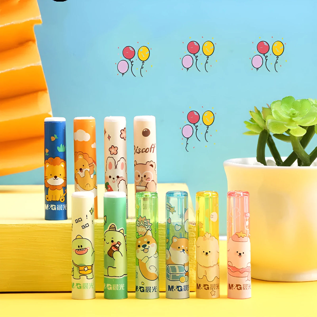 Set of 24 cute cartoon plastic pen caps with safety vent design on a white background