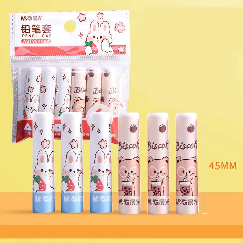 Set of 24 cute cartoon plastic pen caps with safety vent design on a white background