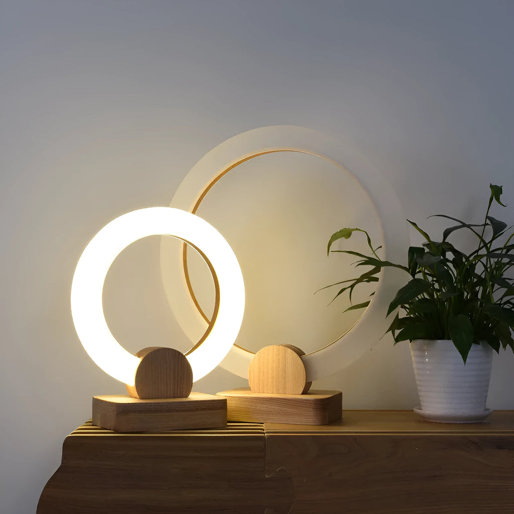 Nordic style wooden circular chandelier with a white Acrylic shade in two size options.