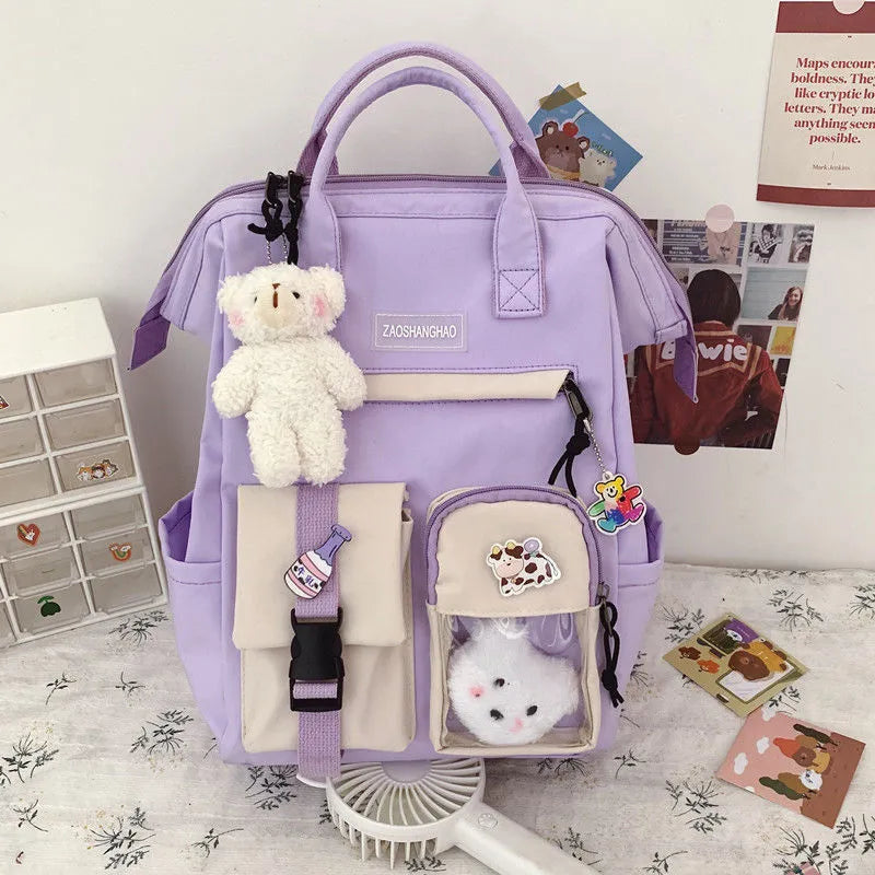 Preppy purple waterproof backpack for women with stitching details, mini size, candy colors