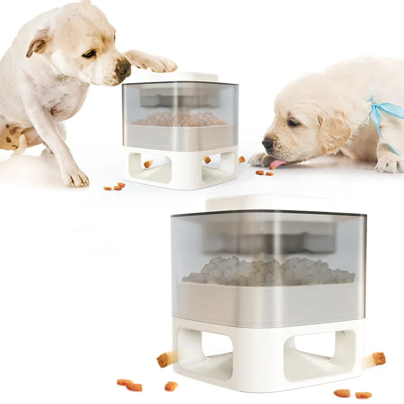 White square ABS dog food feeder with press-top mechanism and suction cup base