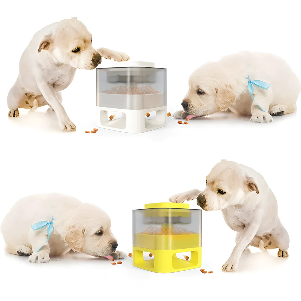 White square ABS dog food feeder with press-top mechanism and suction cup base