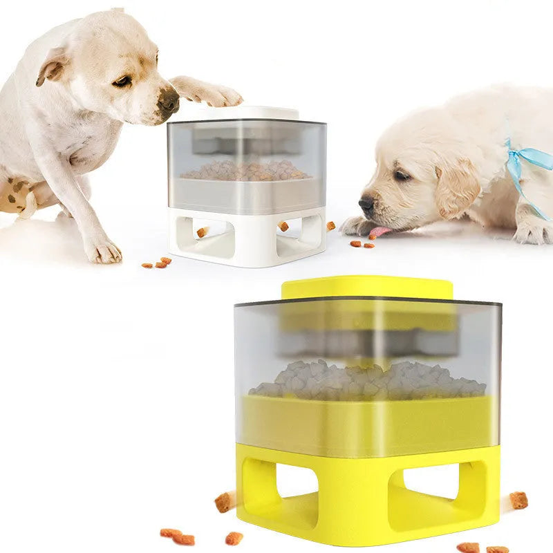 White square ABS dog food feeder with press-top mechanism and suction cup base
