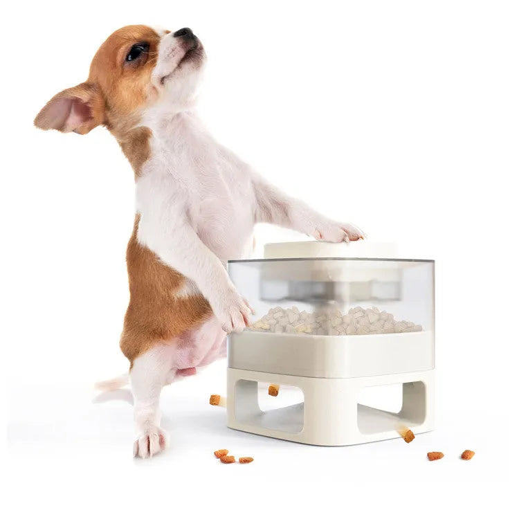 White square ABS dog food feeder with press-top mechanism and suction cup base