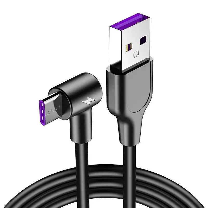 Black elbow charging cable with Type-C connector for Android phones showing angled design