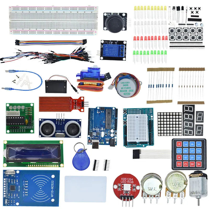 White box containing Arduino Uno R3 starter kit with RFID module and electronic sensors.