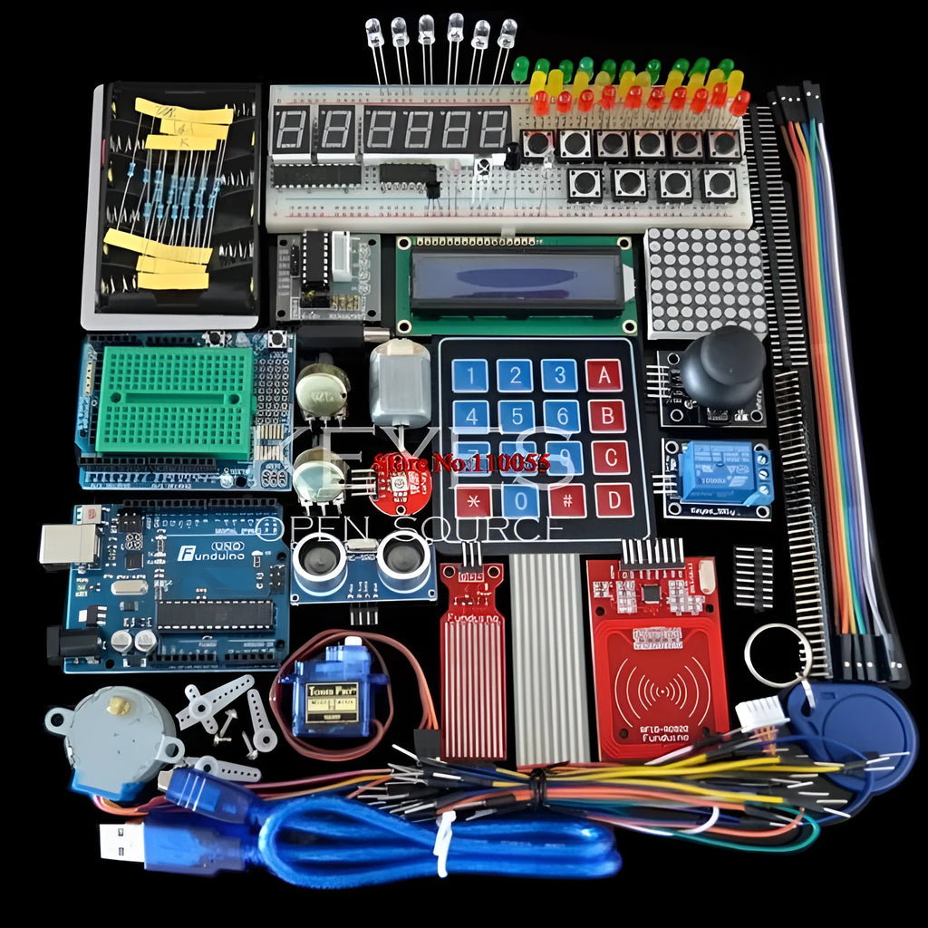 White box containing Arduino Uno R3 starter kit with RFID module and electronic sensors.