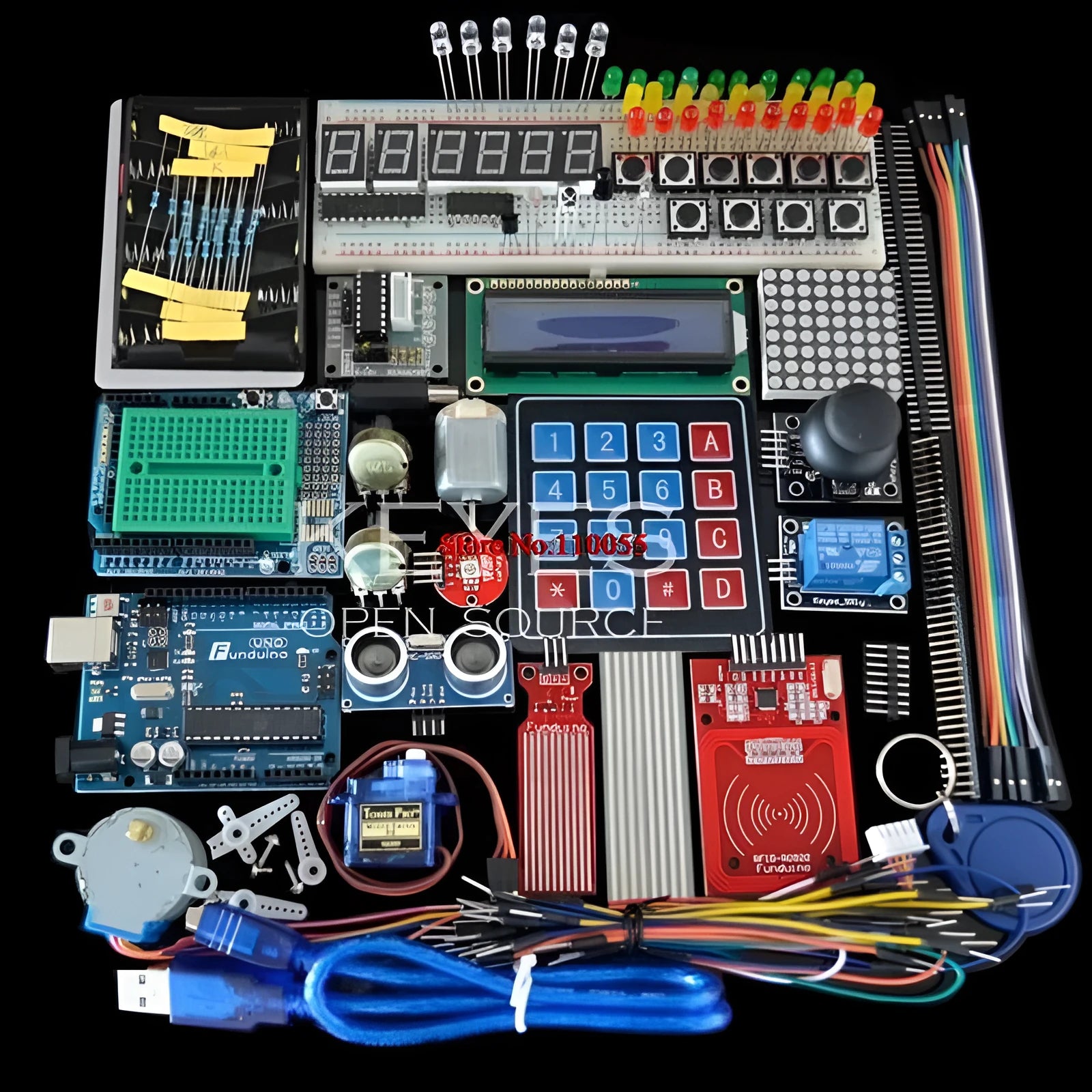White box containing Arduino Uno R3 starter kit with RFID module and electronic sensors.