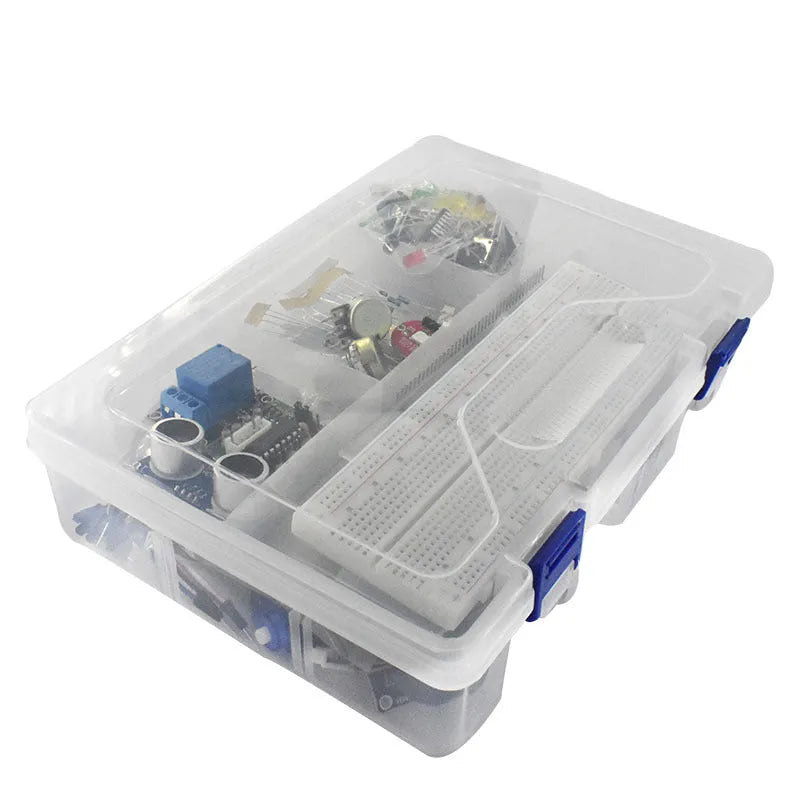 White box containing Arduino Uno R3 starter kit with RFID module and electronic sensors.