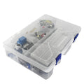 White box containing Arduino Uno R3 starter kit with RFID module and electronic sensors.