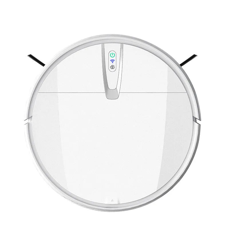 Black and white robotic floor cleaner with charging base, remote control, mop, and water tank on a hardwood floor.