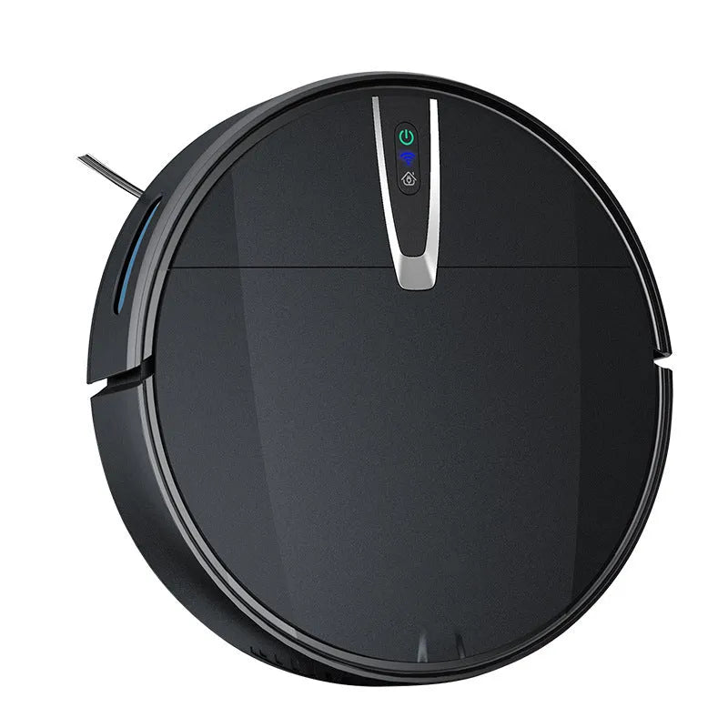 Black and white robotic floor cleaner with charging base, remote control, mop, and water tank on a hardwood floor.