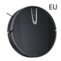 Black and white robotic floor cleaner with charging base, remote control, mop, and water tank on a hardwood floor.
