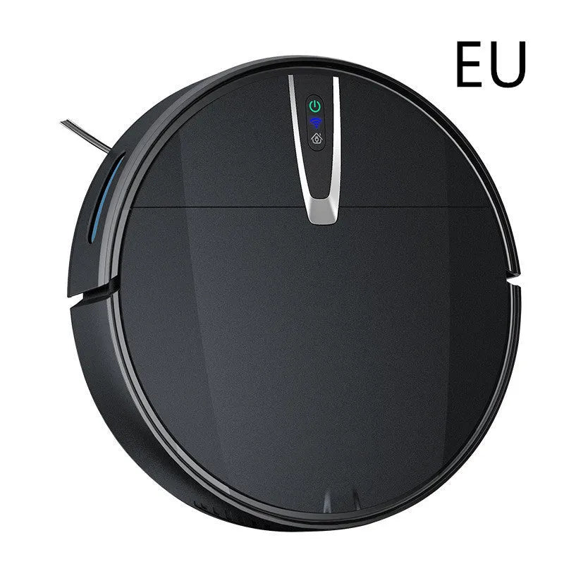 Black and white robotic floor cleaner with charging base, remote control, mop, and water tank on a hardwood floor.