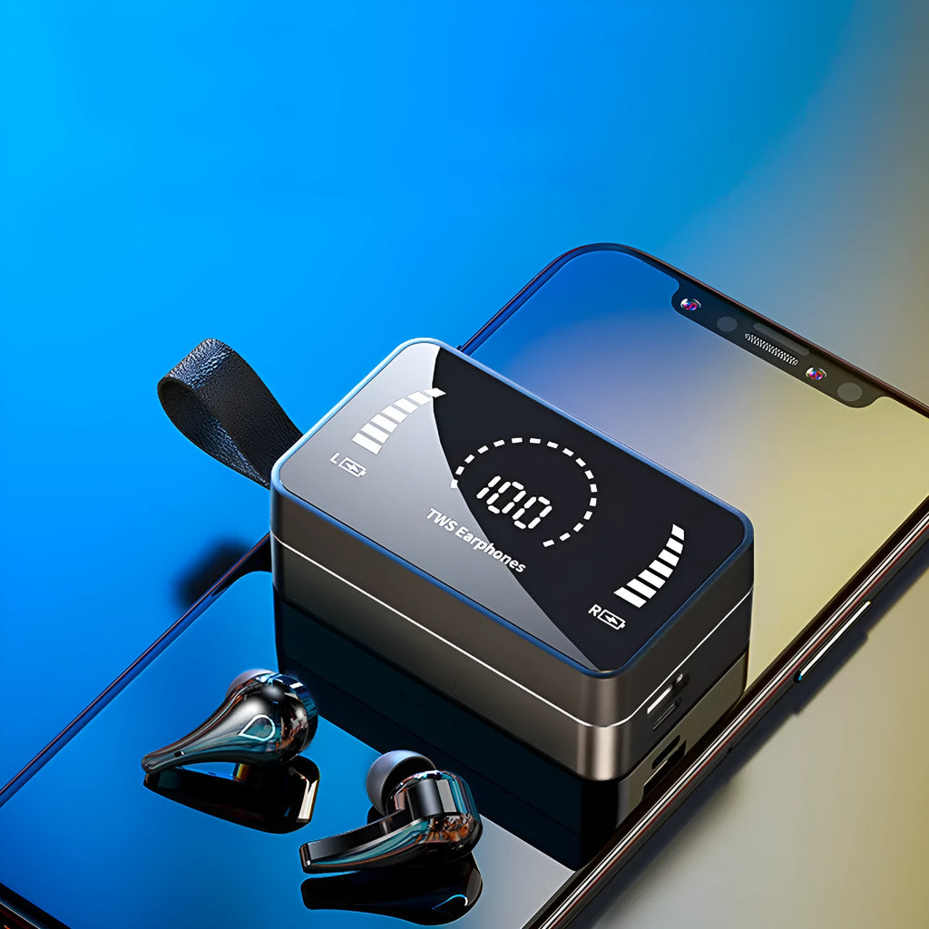 Bluetooth 5.0 wireless sports earphones with 3500mAh charging case, black, earbuds and case shown