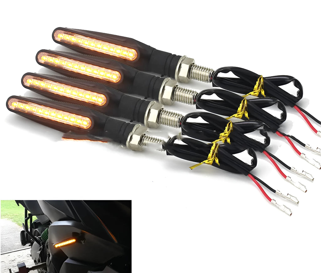 12V motorcycle LED turn signal with black ABS shell and amber yellow light, shown as a single unit