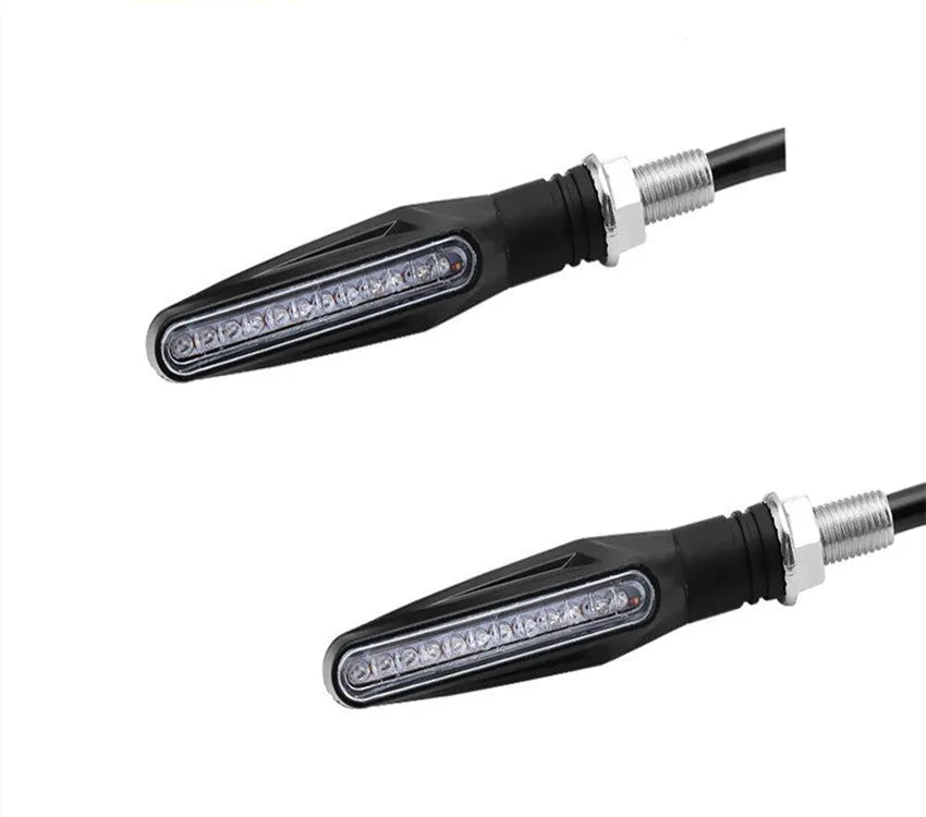 12V motorcycle LED turn signal with black ABS shell and amber yellow light, shown as a single unit
