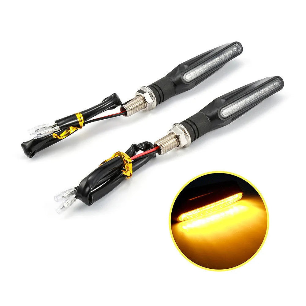 12V motorcycle LED turn signal with black ABS shell and amber yellow light, shown as a single unit