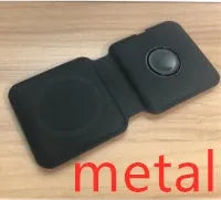 White foldable magnetic wireless charging dock showing two phones charging simultaneously.