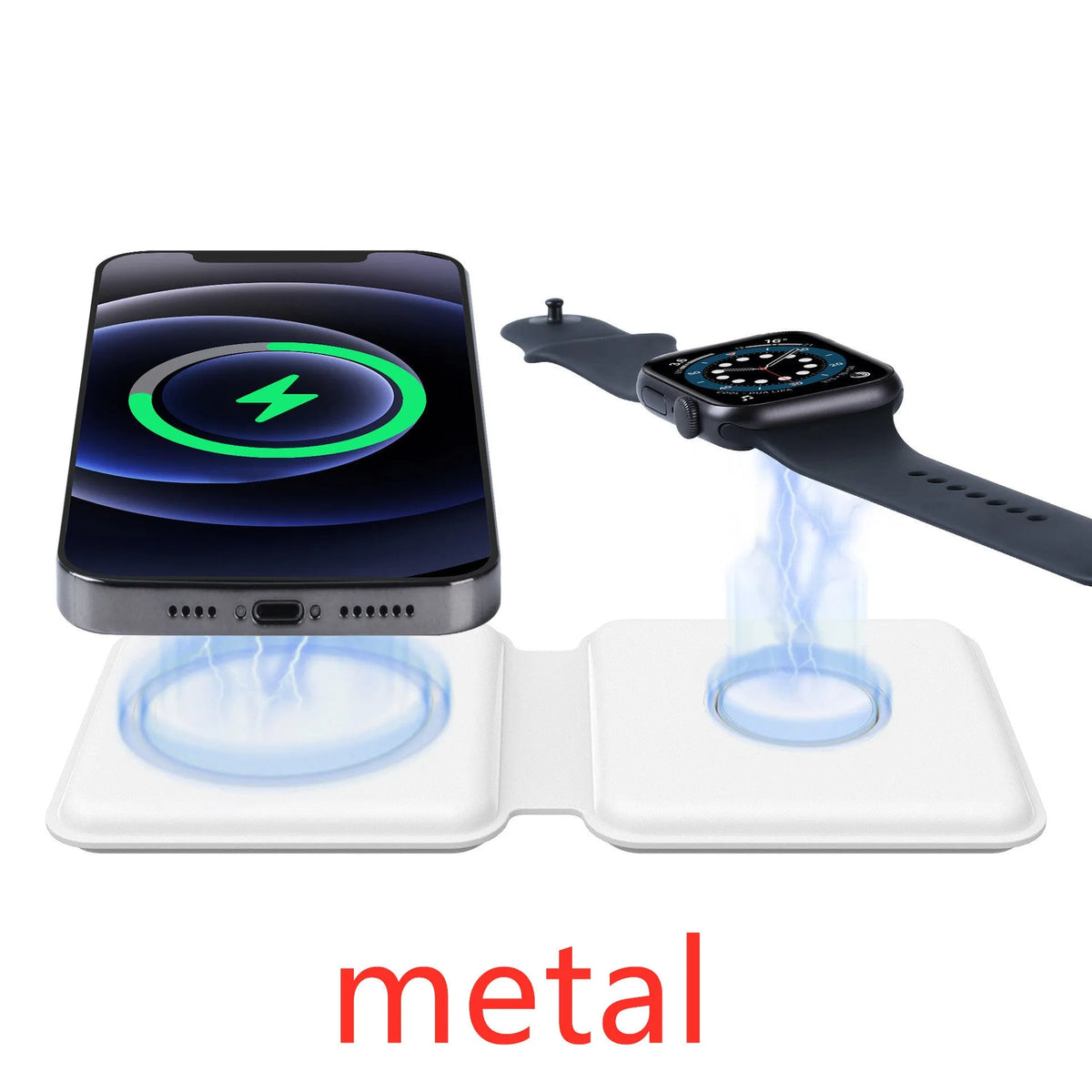 White foldable magnetic wireless charging dock showing two phones charging simultaneously.