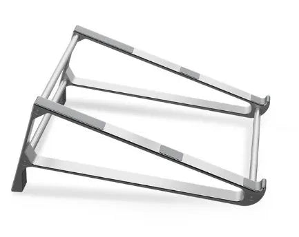 Aluminium alloy laptop stand with increased storage in dark gray, holding a laptop on a desk