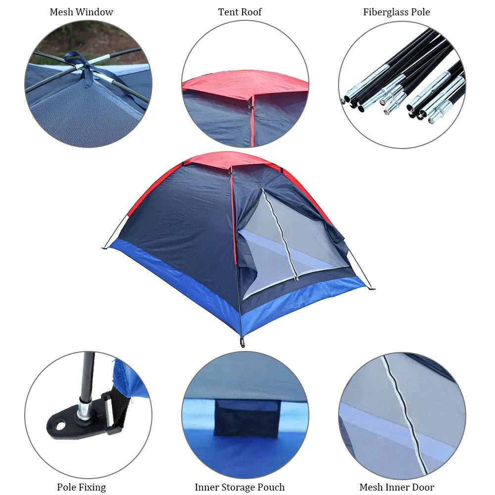Navy two-person single-layer camping tent with glass fibre poles, 200x150x110cm, set up outdoors