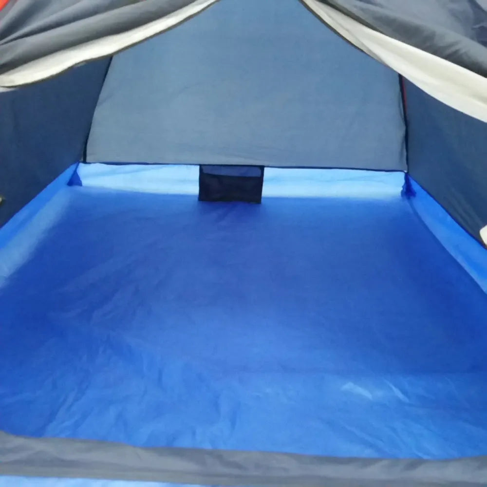 Navy two-person single-layer camping tent with glass fibre poles, 200x150x110cm, set up outdoors