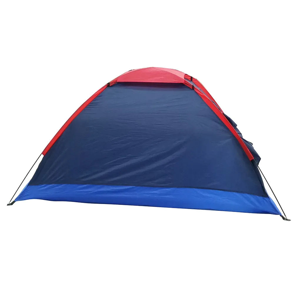 Navy two-person single-layer camping tent with glass fibre poles, 200x150x110cm, set up outdoors