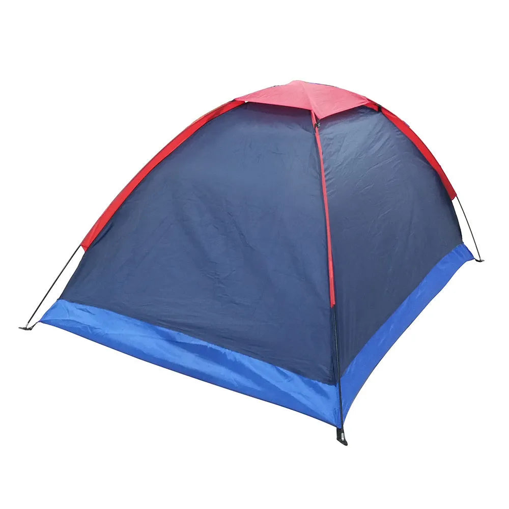 Navy two-person single-layer camping tent with glass fibre poles, 200x150x110cm, set up outdoors