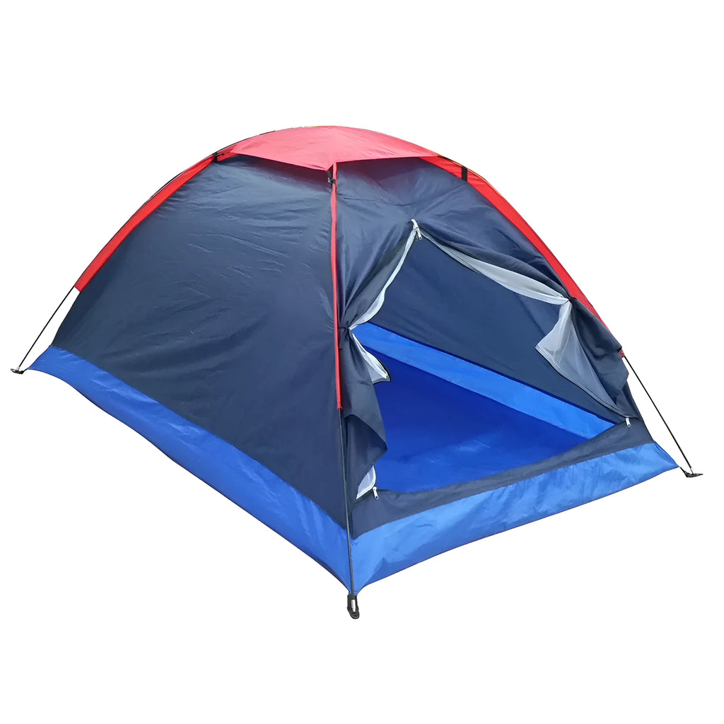 Navy two-person single-layer camping tent with glass fibre poles, 200x150x110cm, set up outdoors