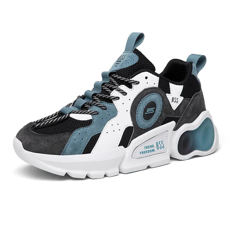 Men's Korean style casual running shoes with mesh upper and rubber sole in black blue, low top round toe, sizes 39-44