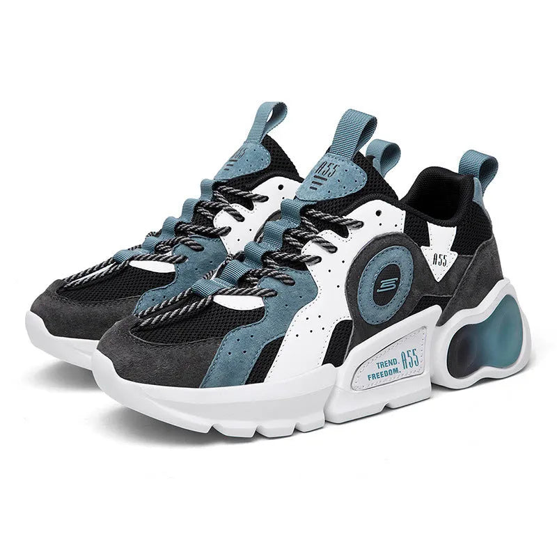 Men's Korean style casual running shoes with mesh upper and rubber sole in black blue, low top round toe, sizes 39-44