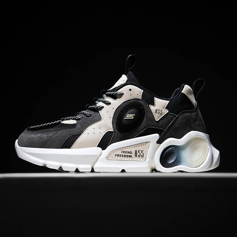 Men's Korean style casual running shoes with mesh upper and rubber sole in black blue, low top round toe, sizes 39-44