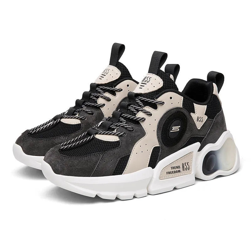 Men's Korean style casual running shoes with mesh upper and rubber sole in black blue, low top round toe, sizes 39-44