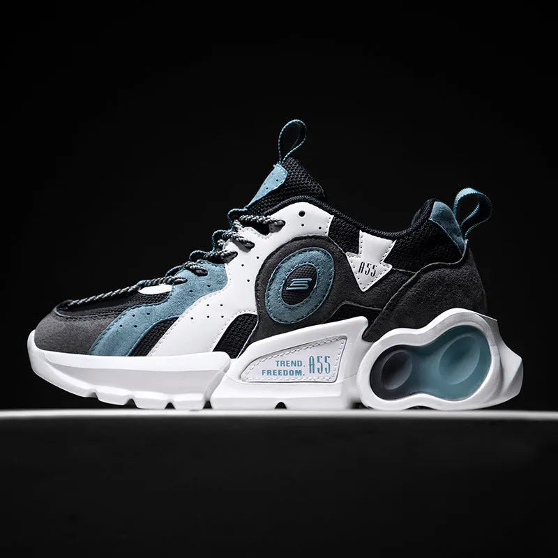 Men's Korean style casual running shoes with mesh upper and rubber sole in black blue, low top round toe, sizes 39-44