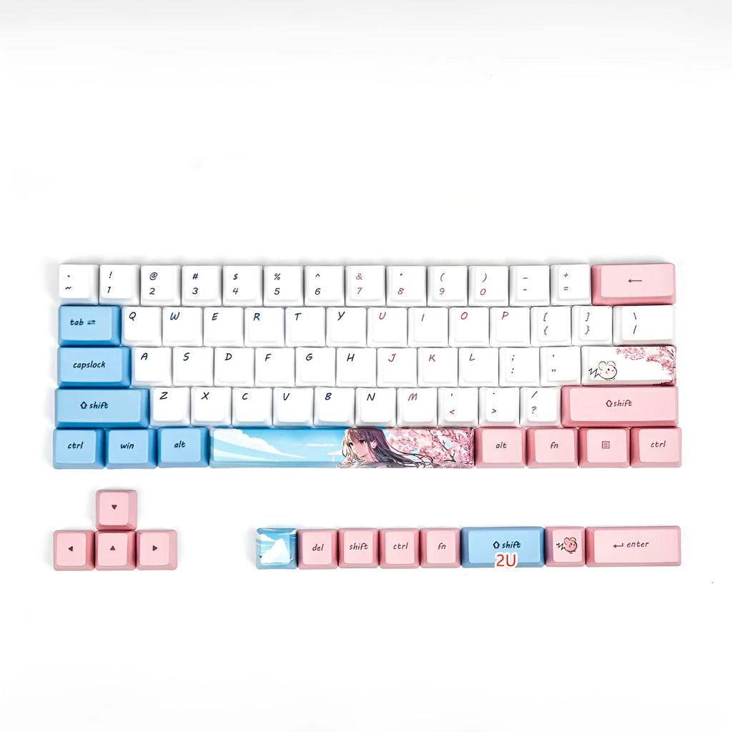 Pink PBT keycaps with cherry blossom girl anime design for GK61 mechanical keyboards